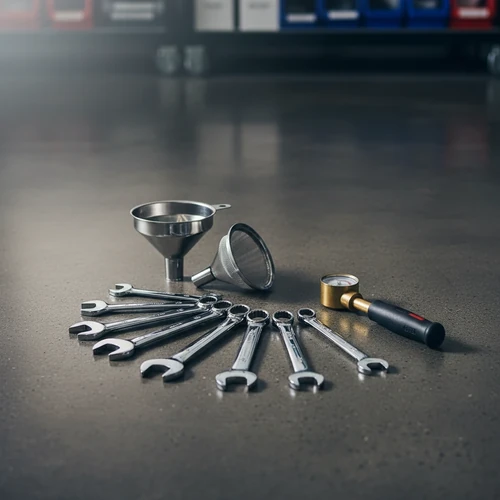A close-up overhead shot of metal wrenches, a funnel, and a tire gauge arranged on a dark workshop floor for car care.