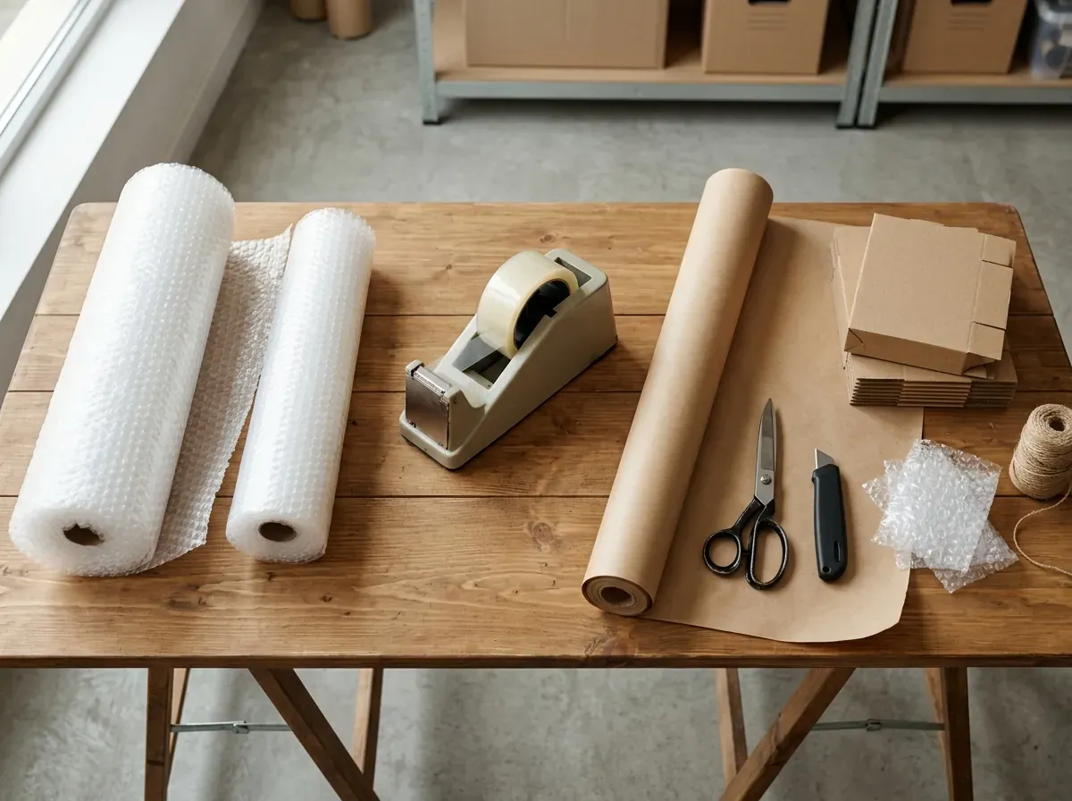 An overhead flat-lay of shipping supplies like Bubble Wrap and tape on a folding table for a home business workspace.