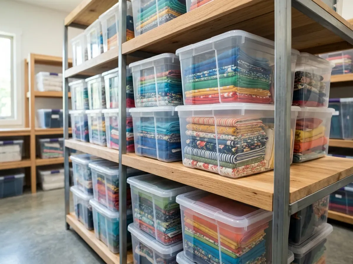 Clear plastic bins filled with colorful folded fabrics sit neatly on wooden shelves in a bright, organized workspace.