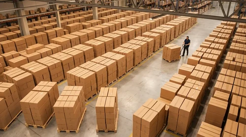 An aerial view of identical cardboard boxes stacked in neat, uniform rows on a clean, sunlit warehouse floor.