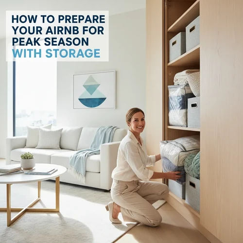 A host neatly packs seasonal textiles in a bright, modern living room to prepare their Airbnb for the upcoming peak season.