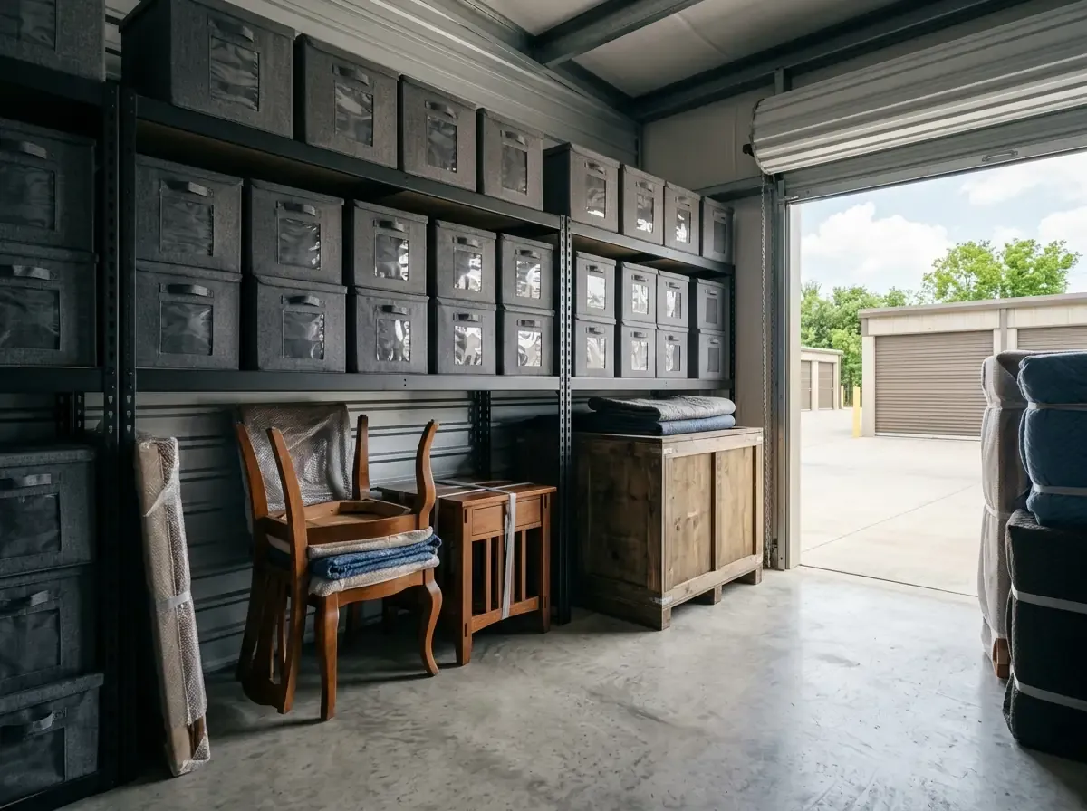A tidy storage unit holds labeled bins and stacked furniture, lit by soft light through an open roll-up door.
