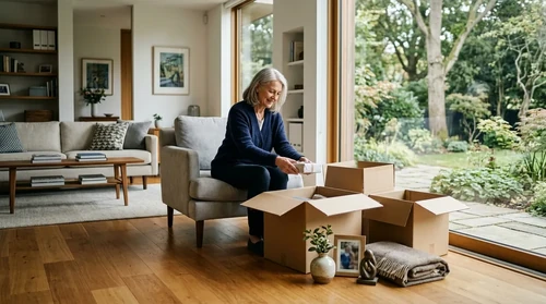 Sunlit living room with open moving boxes and cherished decor on hardwood floors beside a garden window.
