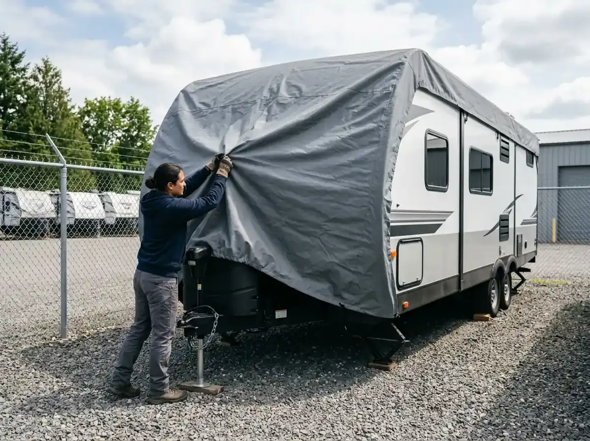 A person in casual clothes drapes a fitted cover over a travel trailer parked on gravel near a storage fence.