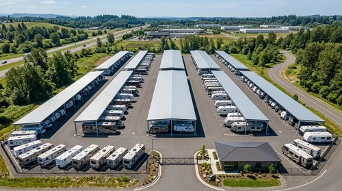 Aerial view of a large outdoor RV storage facility with rows of vehicles parked under open metal canopies on a sunny day.