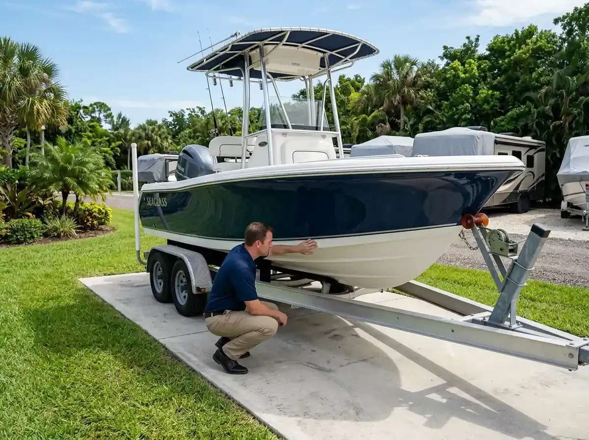 A person in casual clothes inspects the hull of a trailered boat on a concrete pad next to a green lawn.