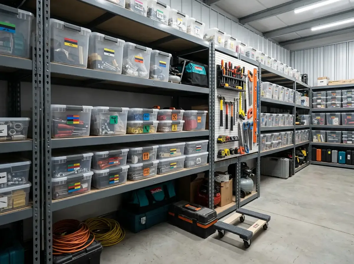 Labeled plastic bins and hand tools neatly arranged on steel shelving inside a bright contractor storage unit.