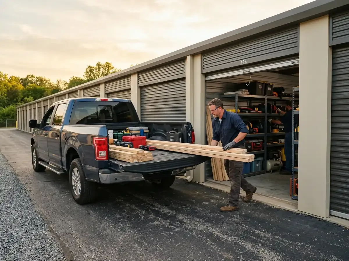 A worker unloads lumber from a pickup truck backed up to an open storage unit in warm afternoon light.