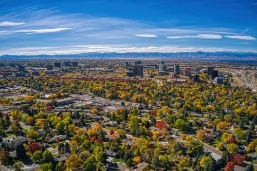 An aerial view of Aurora, CO, during autumn